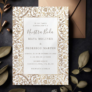 Blommig Vintage Guld & Kräm Nuestra Boda Bröllop Inbjudningar