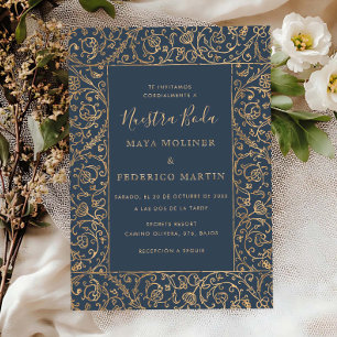 Blommig Vintage Guld & Marin Bröllop Nuestra Boda Inbjudningar