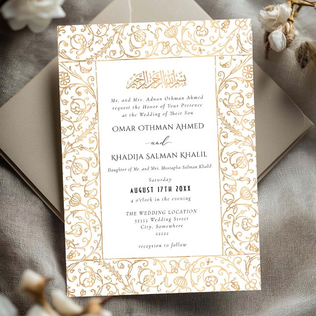 Blommig Vintage Guld & Vit Islamisk Muslim Bröllop Inbjudningar (Skapare uppladdad)