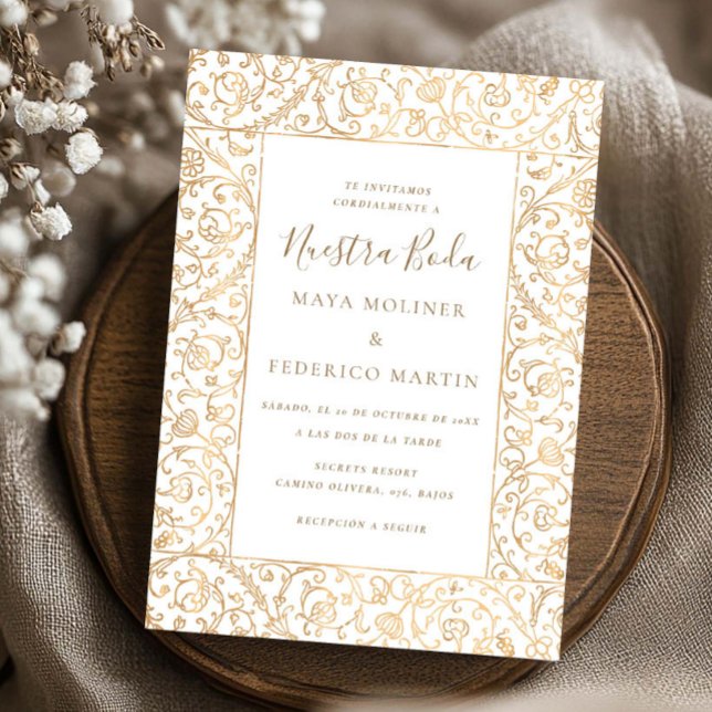 Blommig Vintage Guld & Vit Nuestra Boda Bröllop Inbjudningar (Skapare uppladdad)
