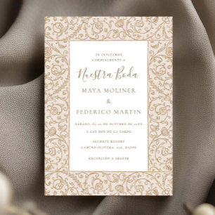 Blommig Vintage Kräm & Guld Nuestra Boda Bröllop Inbjudningar