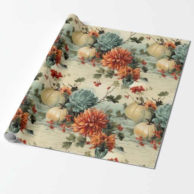 Blommig Vintage-mönster för Thanksgiving Presentpapper (Utrullad)