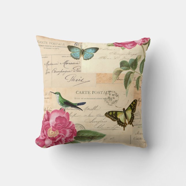Blommig vintage rustik rosblommor & fjärilar kudde (Framsida)