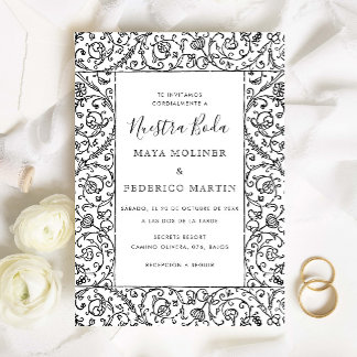 Blommig Vintage Svart & Vit Nuestra Boda Bröllop Inbjudningar