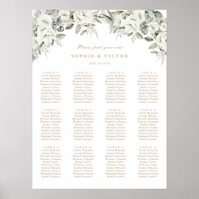 Blommig vit 12 bord bröllop sittplatskarta poster (Framsidan)