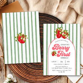 Blommig Vit Grön Jordgubb Berry 1-årsdag Inbjudningar