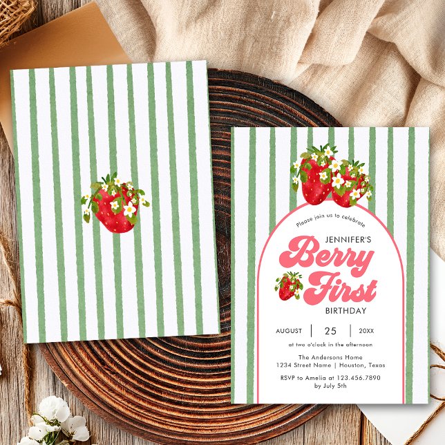 Blommig Vit Grön Jordgubb Berry 1-årsdag Inbjudningar (Skapare uppladdad)