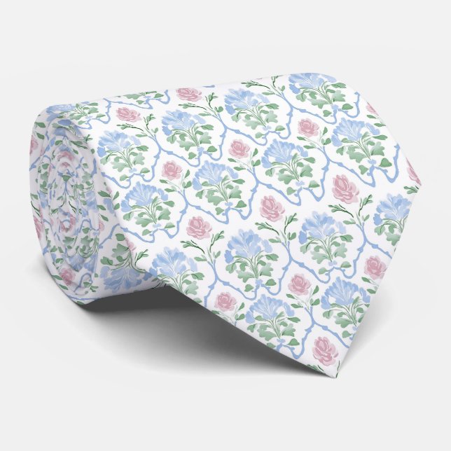 Blommig vit rosa blå slips (Rullad)
