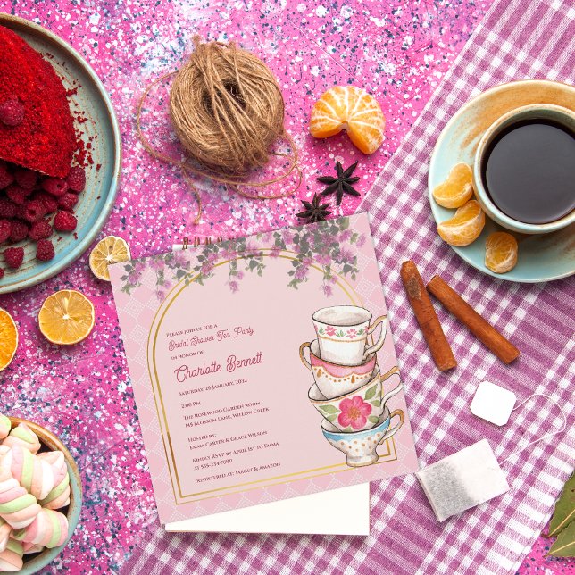 Blommig Whimsical Tekopps Bröllopsdusch Inbjudan  (Floral Whimsical Teacup Bridal Shower Invitation)