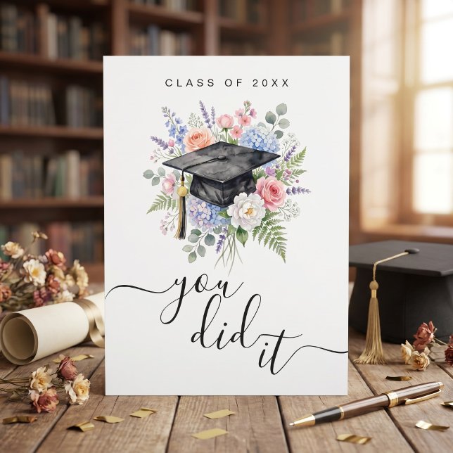 Blommig You Did It Akvarell-avgångshälsning Kort (You Did It Floral Graduation Card)