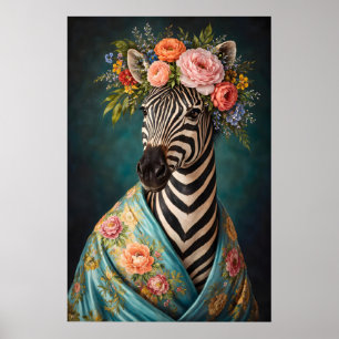 Blommig Zebrapostporträttaffisch, Maximalistisk Bo Poster