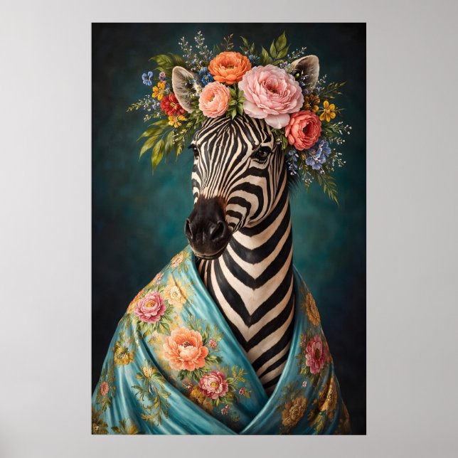 Blommig Zebrapostporträttaffisch, Maximalistisk Bo Poster (Framsidan)