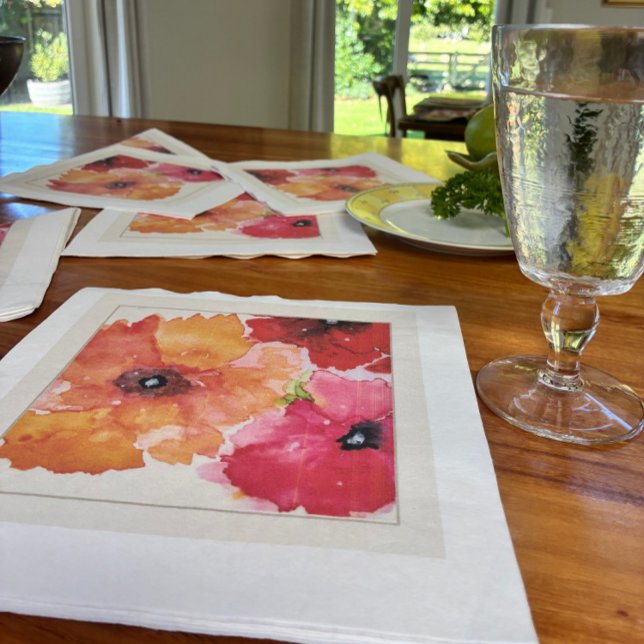 Blommiga akvarell-cocktailservetter | Trädgårdsfes Pappersservett (Bright watercolor poppy napkin for stylish entertaining and garden-party tables.)