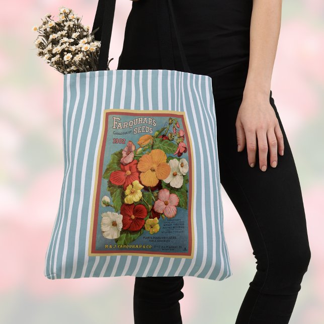 Blommiga Begonior Rosa 1902 Fröpaket Blå Ränder Tygkasse (Skapare uppladdad)