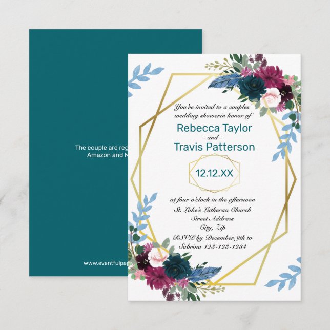 Blommiga Blomningar Mod Teal V-3x5Par Bröllopsdusc Inbjudningar (Fram/baksida)