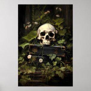 Blommiga böcker Dödskalle Porträtt Tryck, Mörk Aka Poster