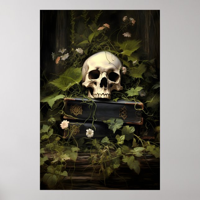 Blommiga böcker Dödskalle Porträtt Tryck, Mörk Aka Poster (Framsidan)