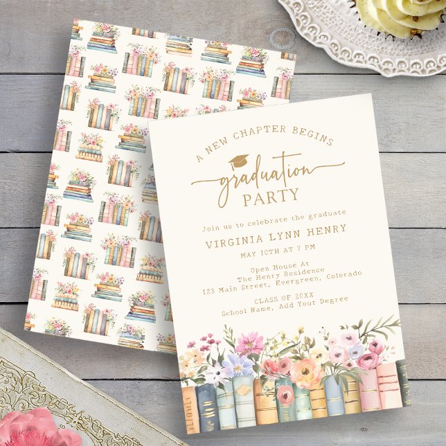 Blommiga böcker examensfest inbjudningar (Watercolor Floral Books Graduation Party Invitation by Painted Paperie
)