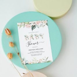 Blommiga Bokstäver Baby Shower Inbjudan i Blekt Ro