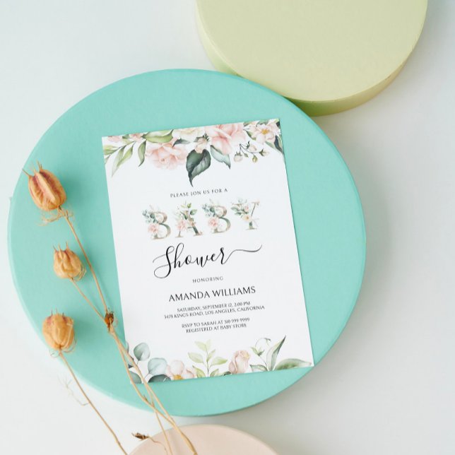 Blommiga Bokstäver Baby Shower Inbjudan i Blekt Ro (Skapare uppladdad)