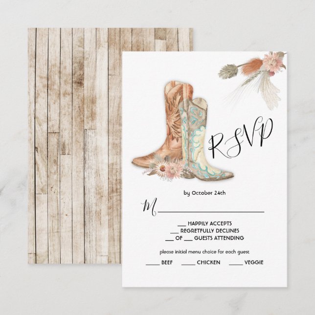 Blommiga boots cowboy western meny val RSVP-kort Inbjudningar (Fram/baksida)