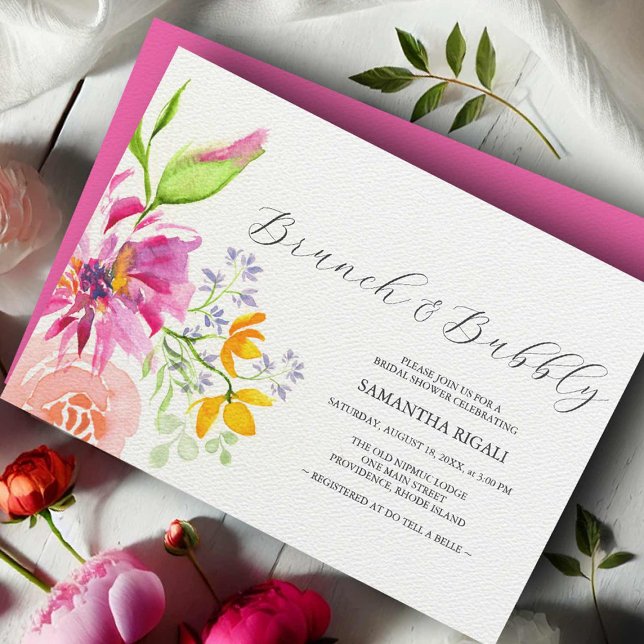 Blommiga bröllopsdusch-inbjudningar Levande rosa Inbjudningar (Bridal shower invitations brunch and bubbly flowers watercolor art by Victoria Grigaliunas)