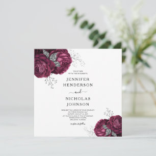 Blommiga Burgunder Peonies Elegant Bröllop Inbjudningar