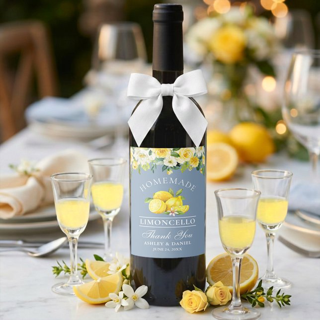 Blommiga citroner dammig blå Limoncello bröllop Vinflaska Etikett (Customize to change text size or text style.)