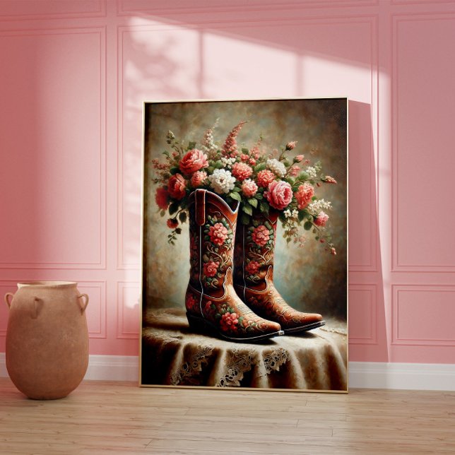 Blommiga Cowboy Stövlar Western Vintage Väggkonst  (Skapare uppladdad)