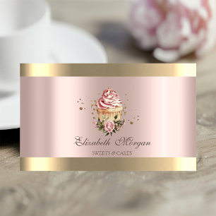 Blommiga Cupcakes Guld Rand Rosa Guld Bageri Visitkort