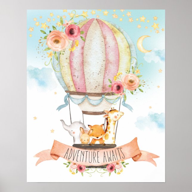 Blommiga Djur i Varm Luftsballong Äventyr Väntar Poster (Framsidan)