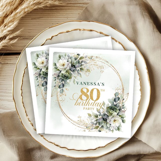 Blommiga Eukalyptus Guld 80-årsfirande Servetter (Floral Eucalyptus Gold 80th Birthday Party Napkins)