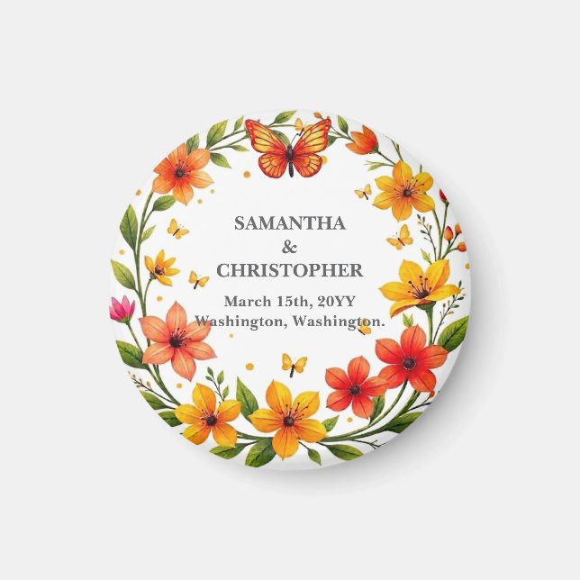 Blommiga fjärilar Krans Bröllop Anpassad text Magnet (Framsidan)