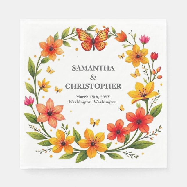 Blommiga fjärilar krans bröllop anpassad text pappersservett (Framsidan)