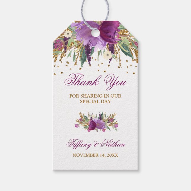 Blommiga glitter ametist tack presentkort presentetikett (Framsidan)