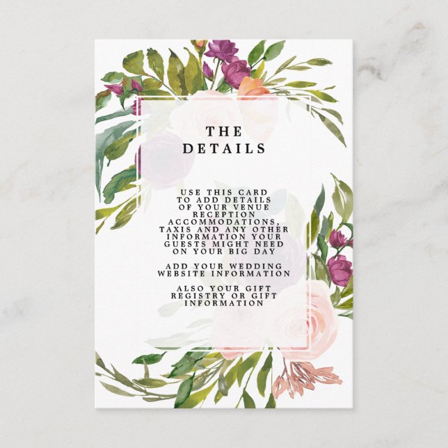 blommiga gröna weddingdetaljer informationskort tilläggskort (Framsida)