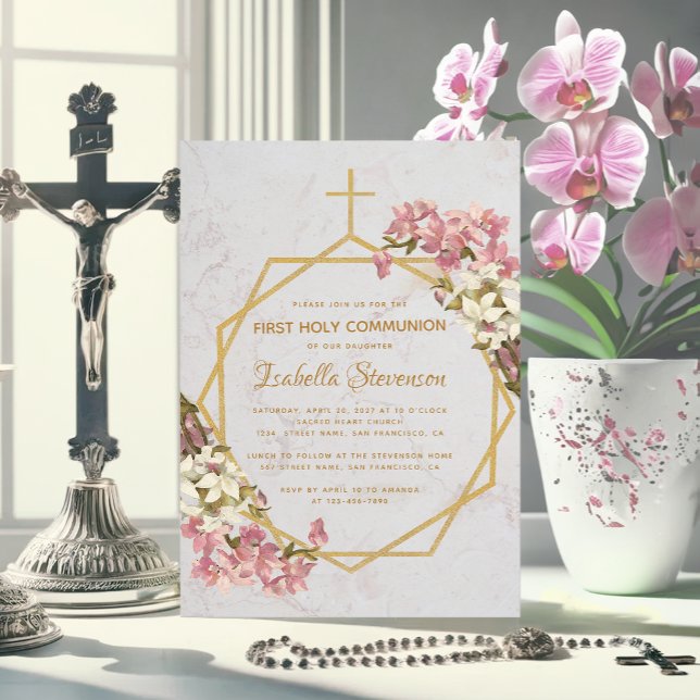 Blommiga Guld Orkidéer Marmor Första Nattvarden Inbjudningar (Skapare uppladdad)