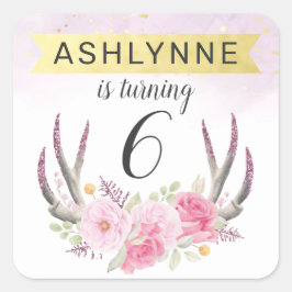Blommiga horn och rosenskär guldmarmor födelsedag fyrkantigt klistermärke