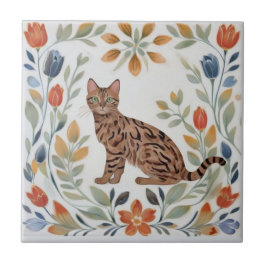 Blommiga Katter - Bengal Katt Färgglada Folkliga B Kakelplatta