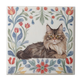 Blommiga katter - MaineCoon katt Färgglada folklig Kakelplatta