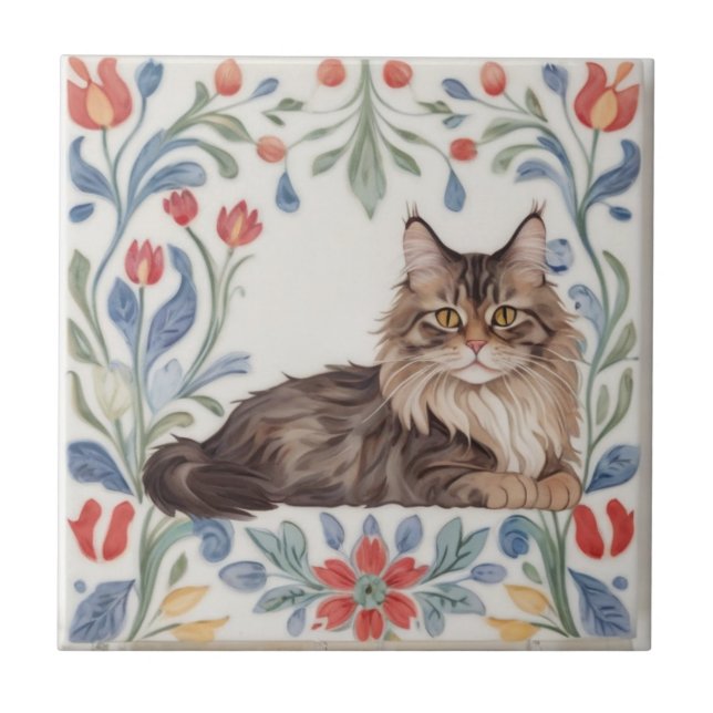 Blommiga katter - MaineCoon katt Färgglada folklig Kakelplatta (Framsidan)