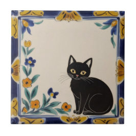Blommiga katter - Söt svart katt & orange blommor Kakelplatta