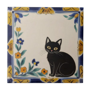 Blommiga katter - Söt svart katt & orange blommor Kakelplatta