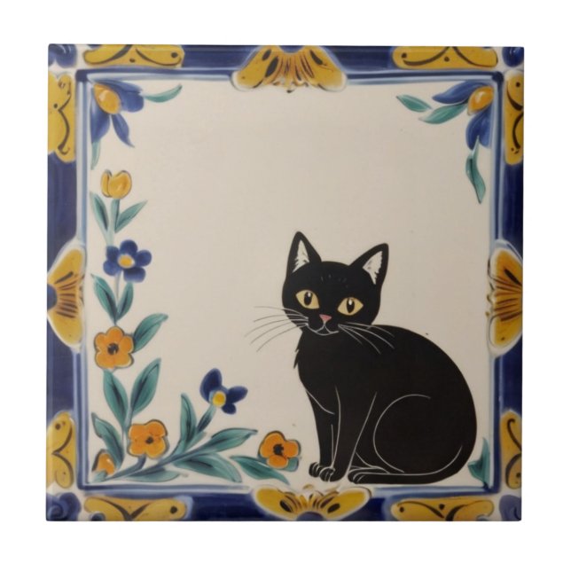 Blommiga katter - Söt svart katt & orange blommor Kakelplatta (Framsidan)
