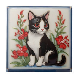 Blommiga katter - svart och vit katt & röda blommo kakelplatta
