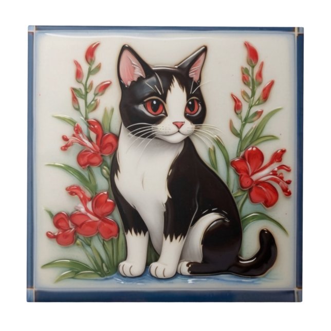 Blommiga katter - svart och vit katt & röda blommo kakelplatta (Framsidan)