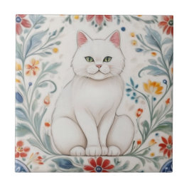 Blommiga Katter - Vit Katt Färgglada Folkliga Blom Kakelplatta