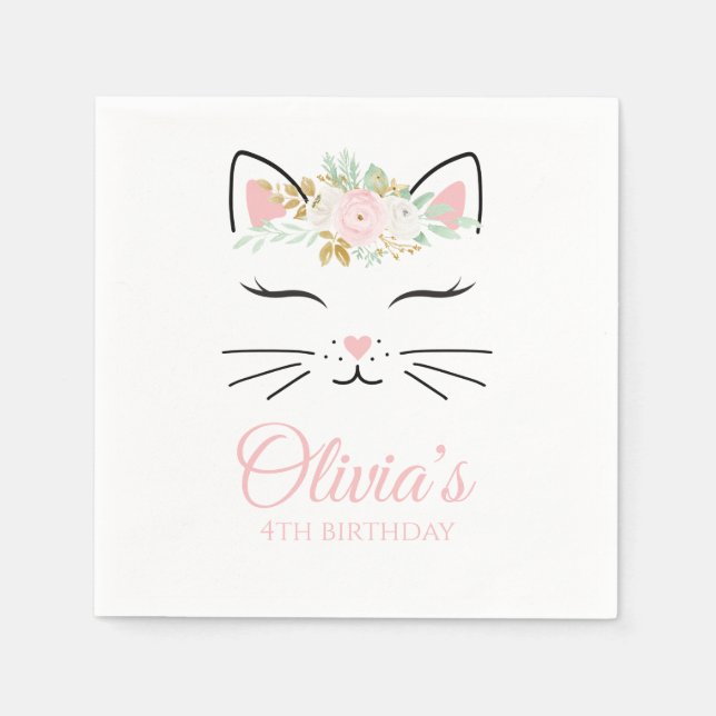Blommiga Kitty Födelsedagsservetter rosa Pappersservett (Framsidan)