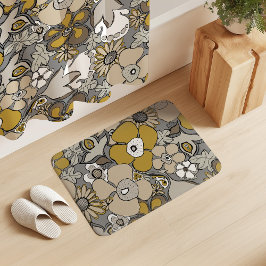 Blommiga Klotter Senap Beige Taupe Grå Svart Badrumsmatta
