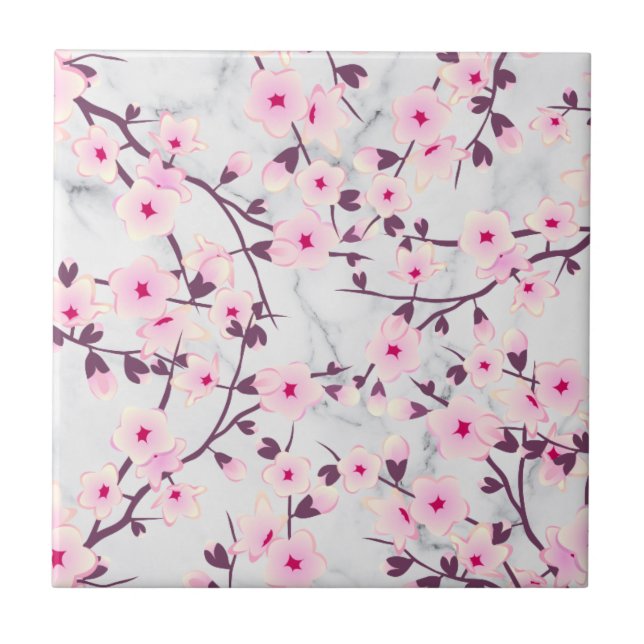 Blommiga körsbärsblommor Rosa Ljusgrå Marmor Kakelplatta (Framsidan)